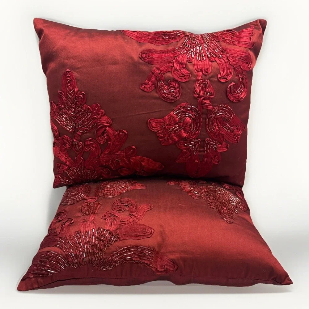 Vtg Set of 2 Pier 1 Beaded Sequin Red‎ Appliqué Ribbon Pillows 18 X14 Inch